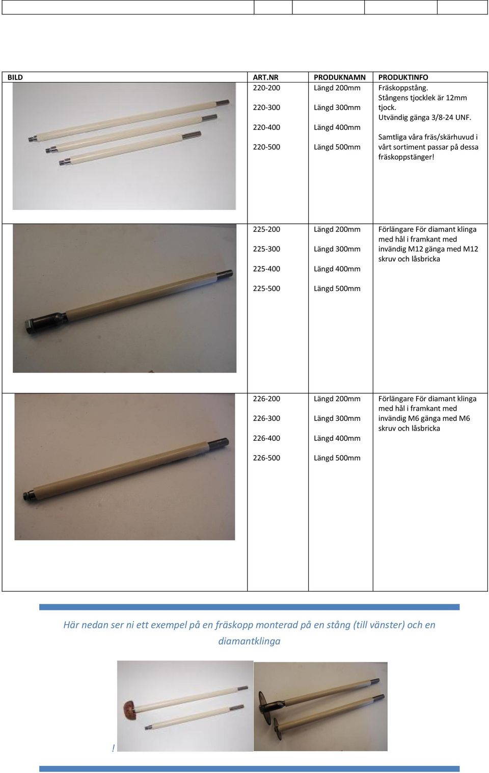 225-200 225-300 225-400 225-500 Längd 200mm Längd 300mm Längd 400mm Längd 500mm Förlängare För diamant klinga med hål i framkant med invändig M12 gänga med M12 skruv och låsbricka