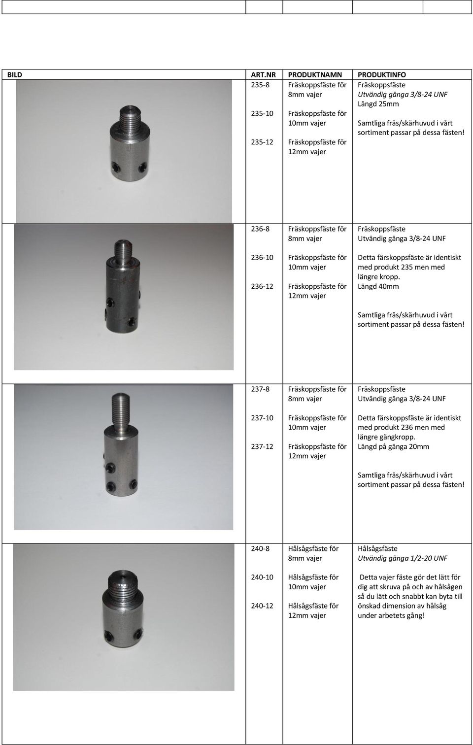 236-8 236-10 236-12 Fräskoppsfäste för 8mm Fräskoppsfäste för 10mm Fräskoppsfäste för 12mm Fräskoppsfäste Utvändig gänga 3/8-24 UNF Detta färskoppsfäste är identiskt med produkt 235 men med längre