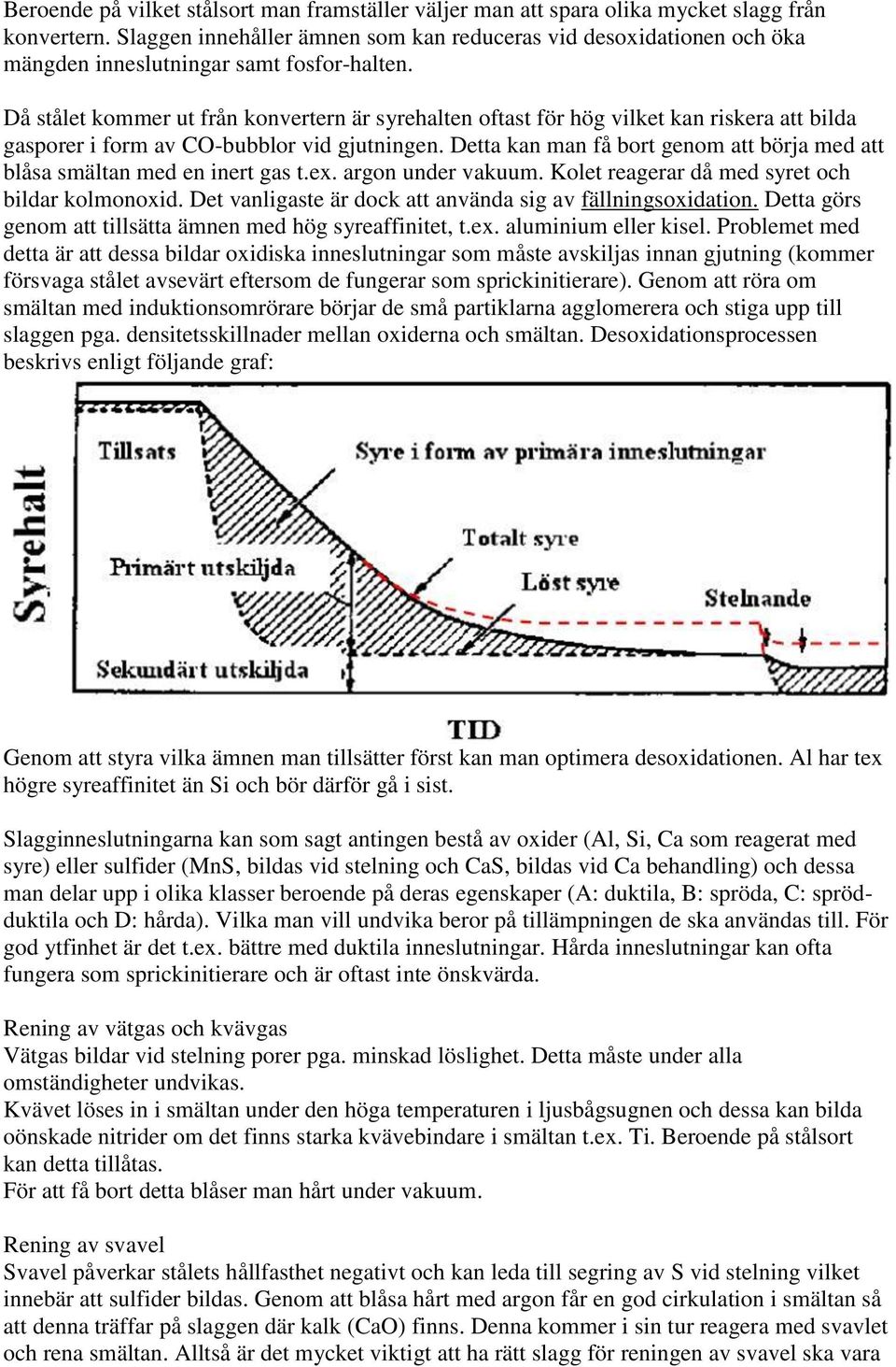 Då stålet kommer ut från konvertern är syrehalten oftast för hög vilket kan riskera att bilda gasporer i form av CO-bubblor vid gjutningen.