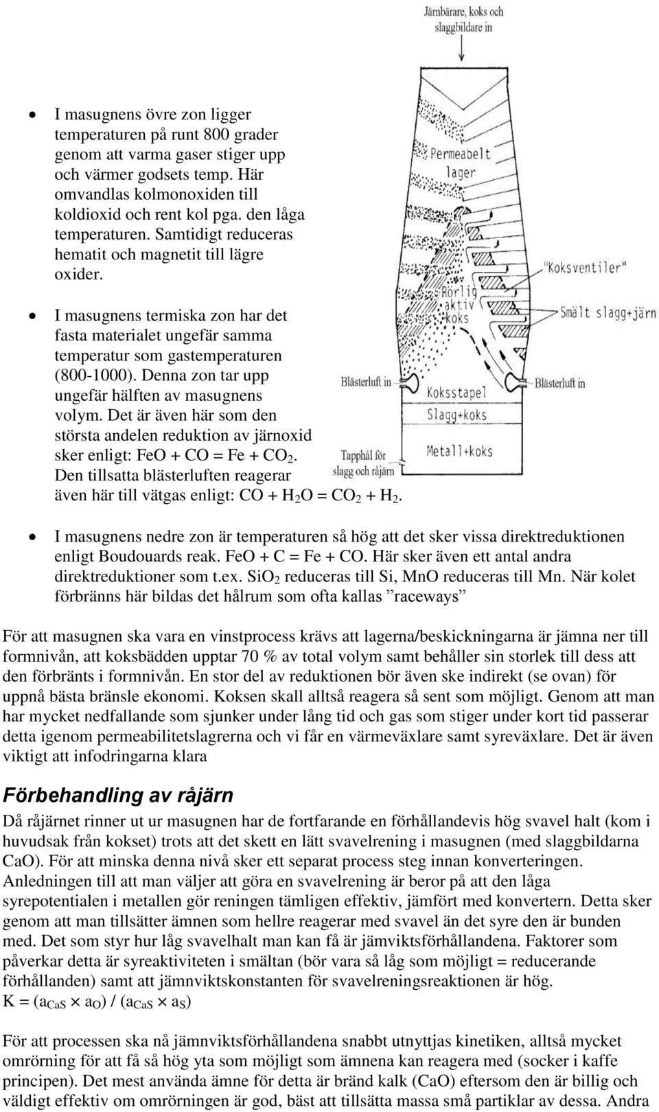 Denna zon tar upp ungefär hälften av masugnens volym. Det är även här som den största andelen reduktion av järnoxid sker enligt: FeO + CO = Fe + CO 2.