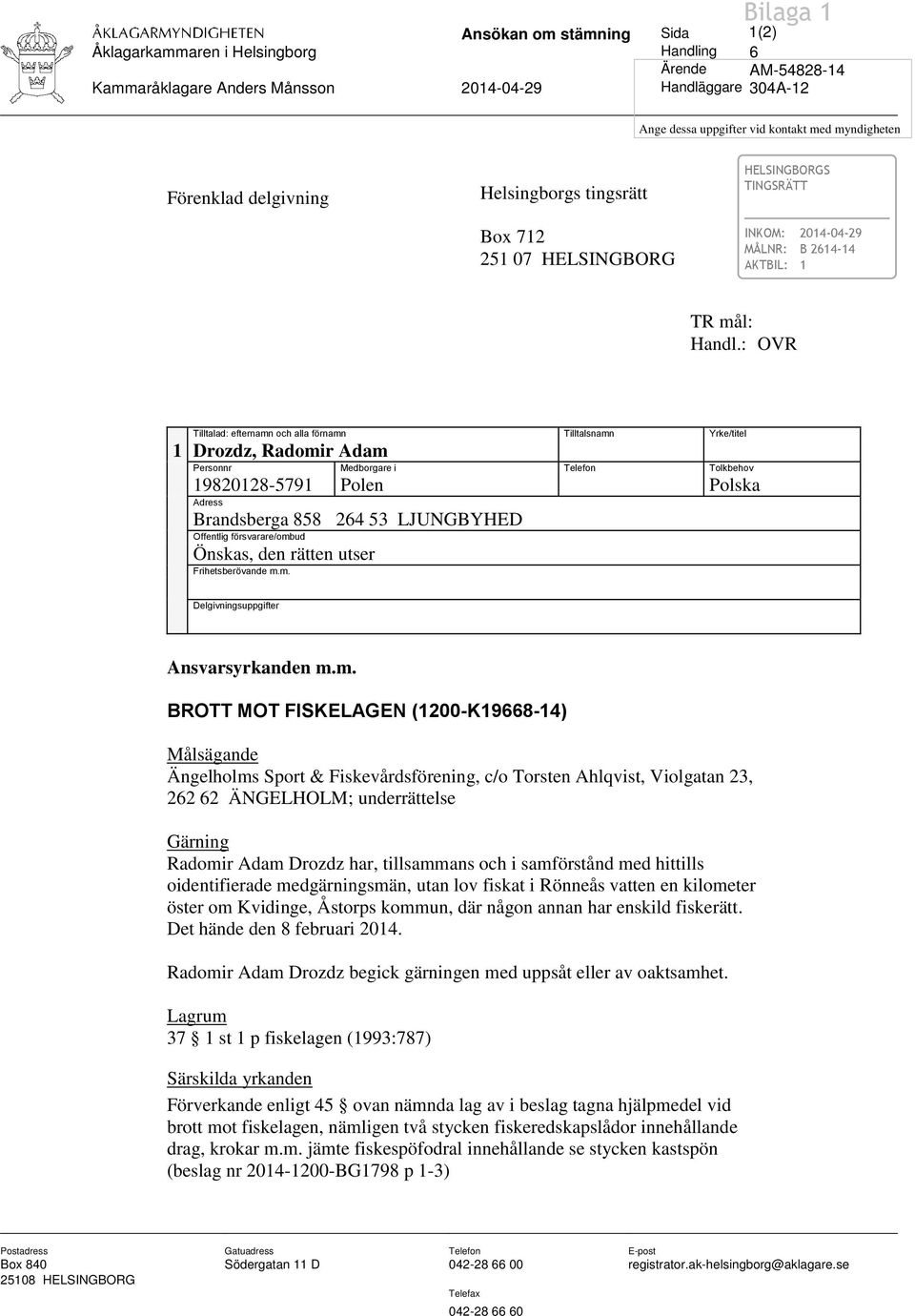 : OVR Tilltalad: efternamn och alla förnamn Tilltalsnamn Yrke/titel 1 Drozdz, Radomir Adam Personnr Medborgare i Telefon Tolkbehov 19820128-5791 Polen Polska Adress Brandsberga 858 264 53 LJUNGBYHED