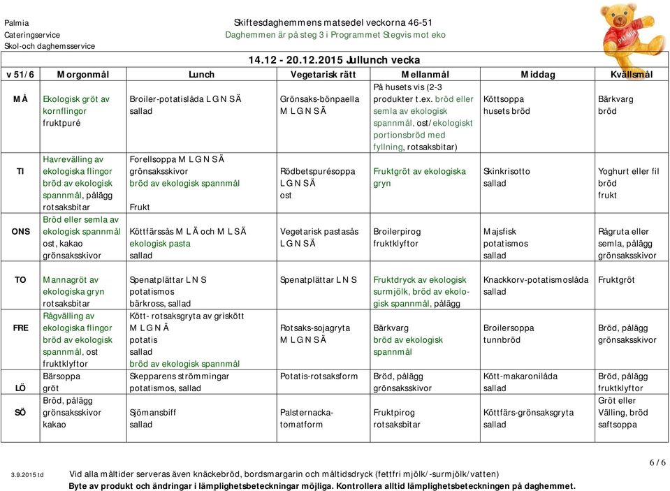 Köttfärssås M L Ä och M L S Ä ekologisk pasta Rödbetspurésoppa ost Vegetarisk pastasås Fruktgröt av ekologiska gryn Broilerpirog Skinkrisotto Majsfisk Yoghurt eller fil Rågruta eller semla, pålägg