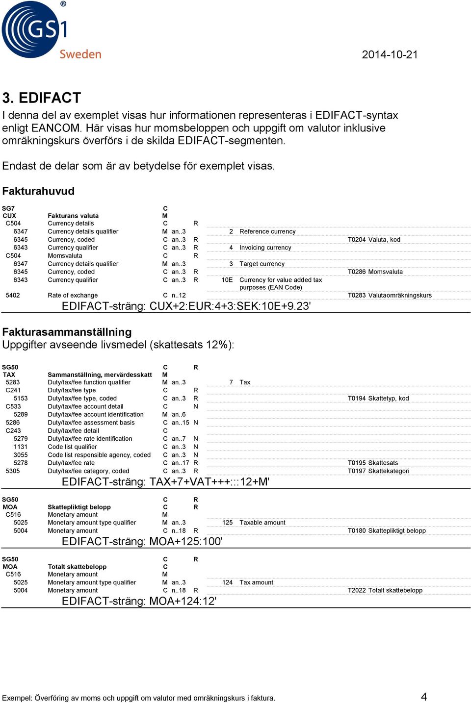Fakturahuvud SG7 UX Fakturans valuta M 504 urrency details R 6347 urrency details qualifier M an..3 2 Reference currency 6345 urrency, coded an..3 R T0204 Valuta, kod 6343 urrency qualifier an.