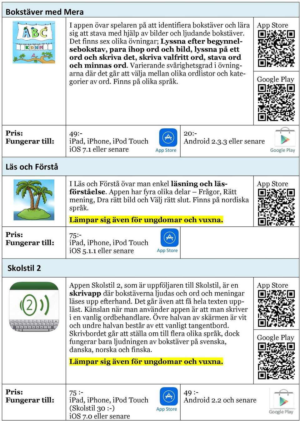 Varierande svårighetsgrad i övningarna där det går att välja mellan olika ordlistor och kategorier av ord. Finns på olika språk. 49:- ios 7.1 eller senare 20:- Android 2.3.