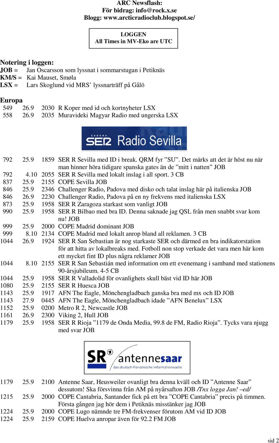 549 26.9 2030 R Koper med id och kortnyheter LSX 558 26.9 2035 Muravideki Magyar Radio med ungerska LSX 792 25.9 1859 SER R Sevilla med ID i break. QRM fyr SU.