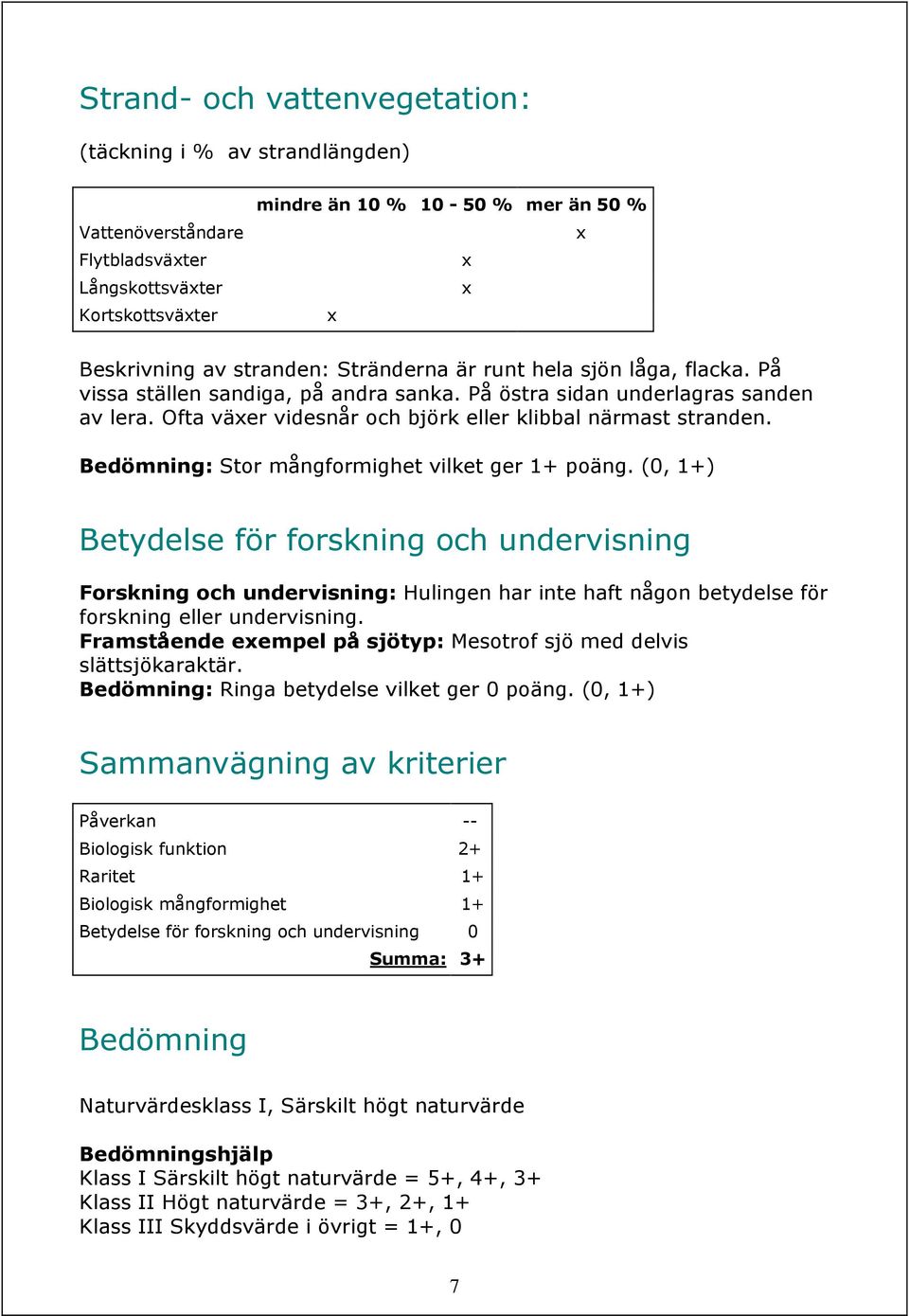 Bedömning: Stor mångformighet vilket ger 1+ poäng. (0, 1+) Betydelse för forskning och undervisning Forskning och undervisning: Hulingen har inte haft någon betydelse för forskning eller undervisning.