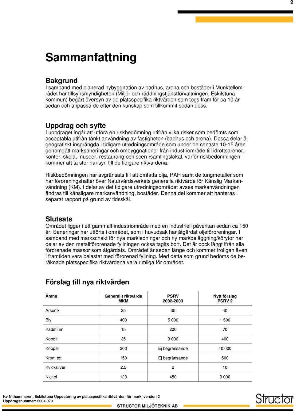 Uppdrag och syfte I uppdraget ingår att utföra en riskbedömning utifrån vilka risker som bedömts som acceptabla utifrån tänkt användning av fastigheten (badhus och arena).