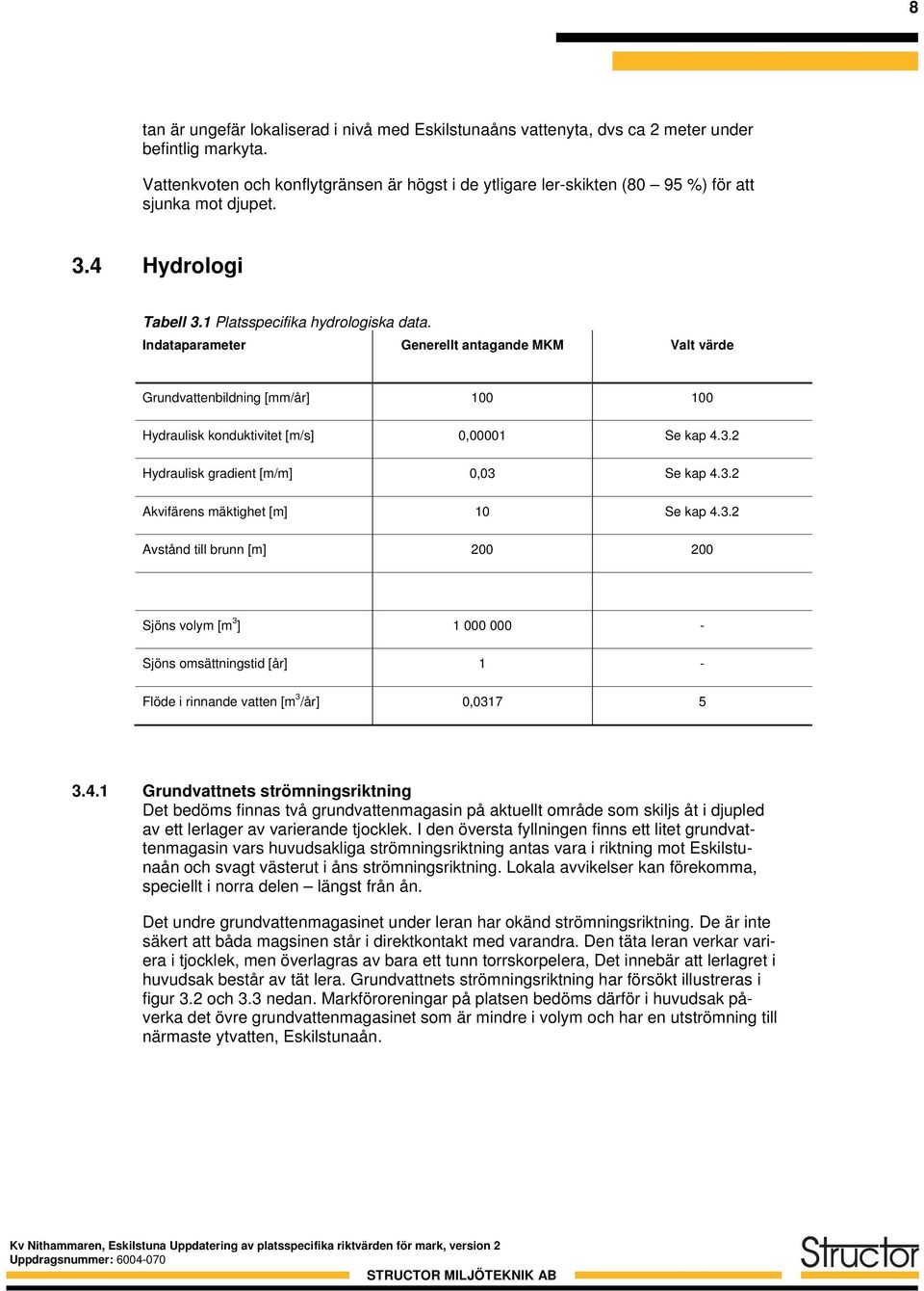 Indataparameter Generellt antagande MKM Valt värde Grundvattenbildning [mm/år] 100 100 Hydraulisk konduktivitet [m/s] 0,00001 Se kap 4.3.2 Hydraulisk gradient [m/m] 0,03 Se kap 4.3.2 Akvifärens mäktighet [m] 10 Se kap 4.