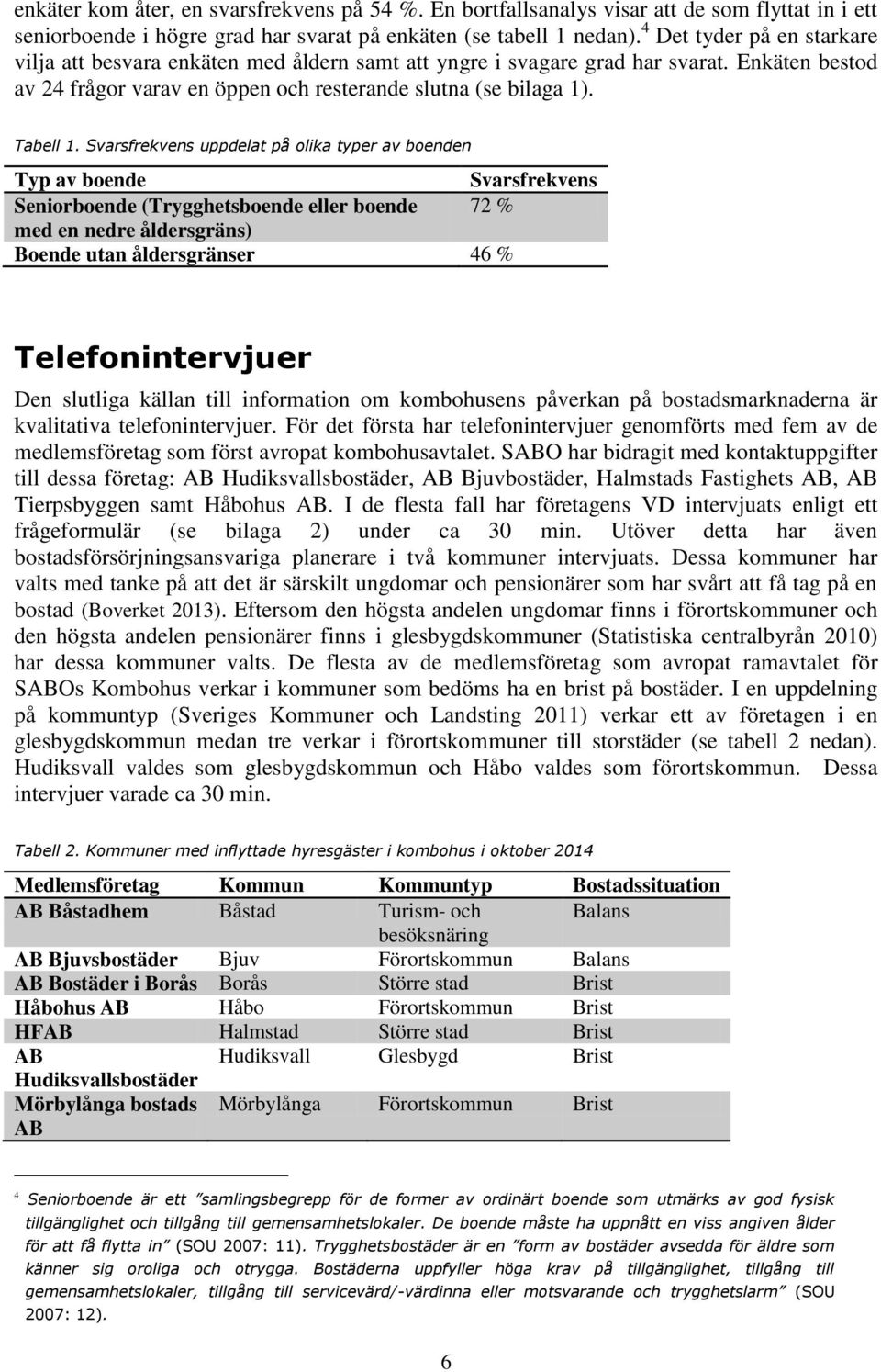 Svarsfrekvens uppdelat på olika typer av boenden Typ av boende Svarsfrekvens Seniorboende (Trygghetsboende eller boende 72 % med en nedre åldersgräns) Boende utan åldersgränser 46 % Telefonintervjuer