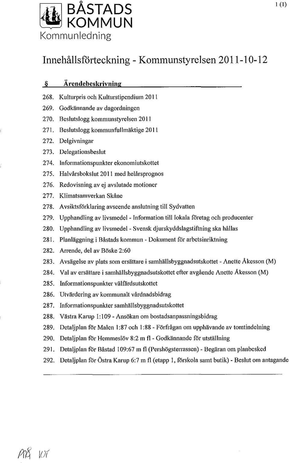 Redvisning av ej avslutade mtiner 277. Klimatsamverkan Skåne 278. Avsiktsförklaring avseende anslutning till Sydvatten 279. Upphandling av livsmedel- Infrmatin till lkala företag ch prducenter 280.