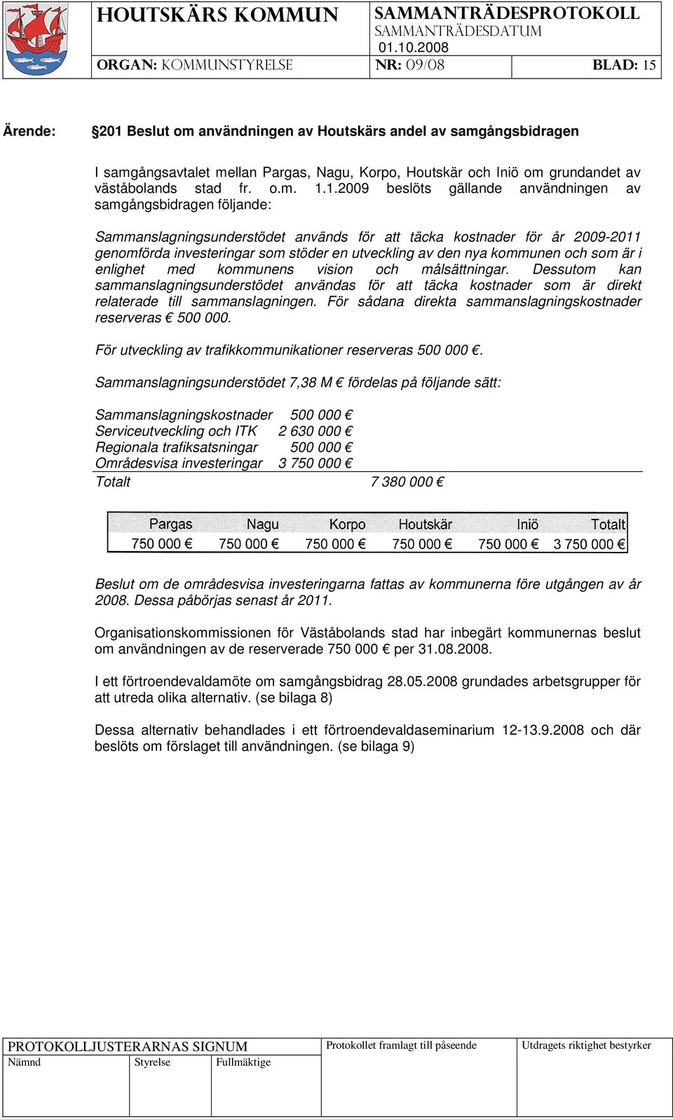 1.2009 beslöts gällande användningen av samgångsbidragen följande: Sammanslagningsunderstödet används för att täcka kostnader för år 2009-2011 genomförda investeringar som stöder en utveckling av den