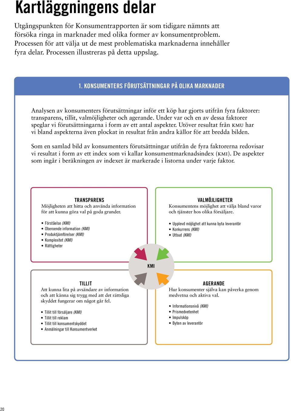 Konsumenters förutsättningar på olika marknader Analysen av konsumenters förutsättningar inför ett köp har gjorts utifrån fyra faktorer: transparens, tillit, valmöjligheter och agerande.