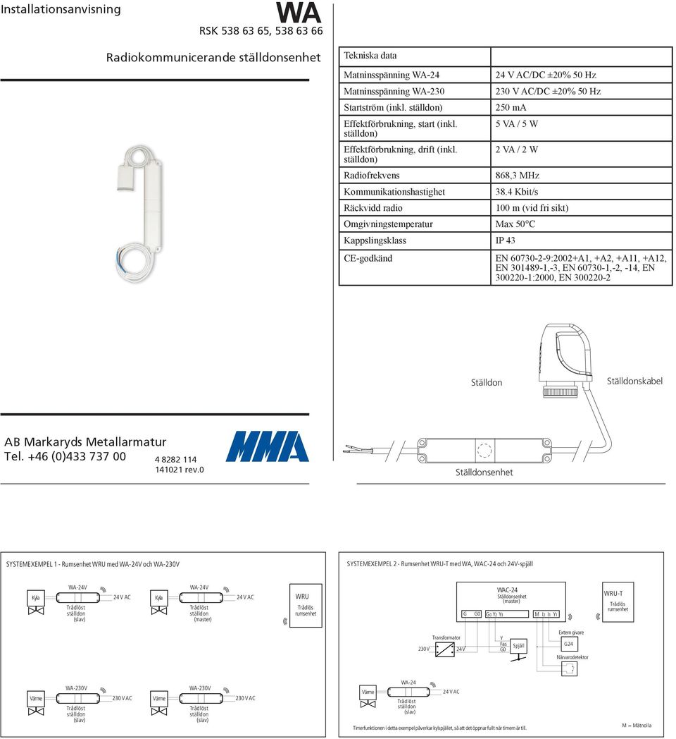 2 VA / 2 W ) 868,3 MHz Max 50 C Kappslingsklass IP 43 E 60730-2-9:2002+A1, +A2, +A11, +A12, E 301489-1,-3, E 60730-1,-2, -14, E 300220-1:2000, E 300220-2 Ställdon