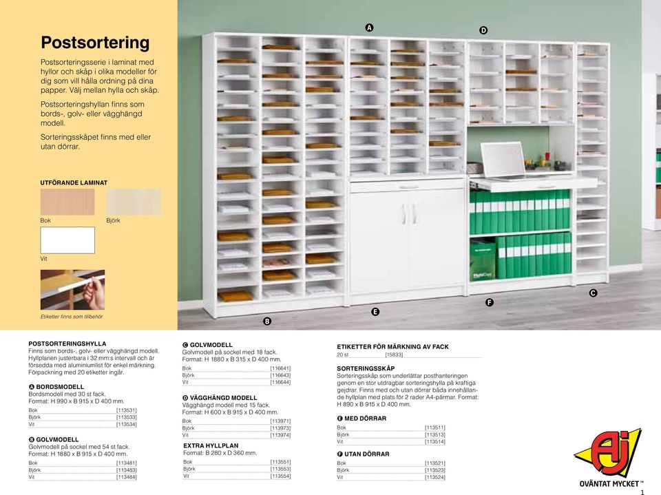 A D Utförande laminat Bok Björk Vit Etiketter finns som tillbehör B E F C Postsorteringshylla Finns som bords-, golv- eller vägghängd modell.