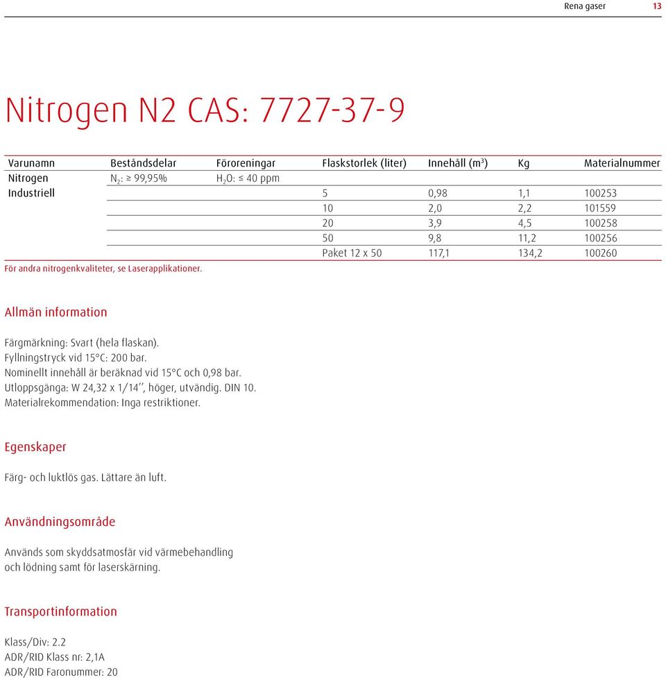 Färgmärkning: Svart (hela flaskan). Fyllningstryck vid 15 C: 200 bar. Nominellt innehåll är beräknad vid 15 C och 0,98 bar. Utloppsgänga: W 24,32 x 1/14, höger, utvändig. DIN 10.