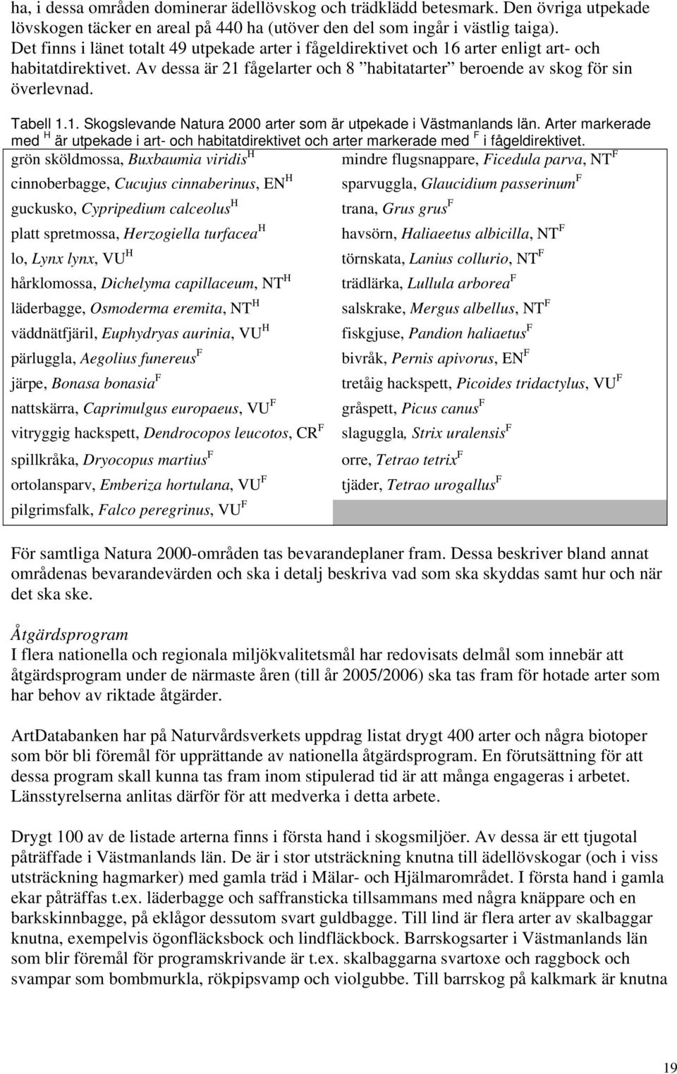 1. Skogslevande Natura 2000 arter som är utpekade i Västmanlands län. Arter markerade med H är utpekade i art- och habitatdirektivet och arter markerade med F i fågeldirektivet.