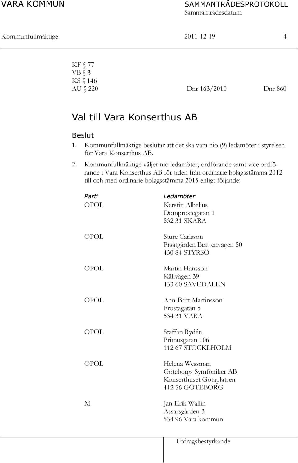 Kommunfullmäktige väljer nio ledamöter, ordförande samt vice ordförande i Vara Konserthus AB för tiden från ordinarie bolagsstämma 2012 till och med ordinarie bolagsstämma 2015 enligt följande: Parti