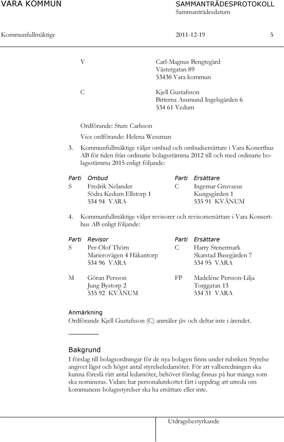 Kommunfullmäktige väljer ombud och ombudsersättare i Vara Konerthus AB för tiden från ordinarie bolagsstämma 2012 till och med ordinarie bolagsstämma 2015 enligt följande: Parti Ombud S Fredrik