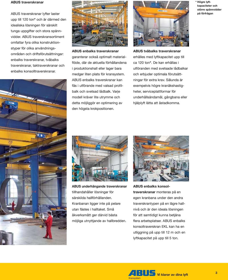 konsolltraverskranar. ABUS enbalks traverskranar garanterar också optimalt materialflöde, där de aktuella förhållandena i produktionshall eller lager bara medger liten plats för kransystem.