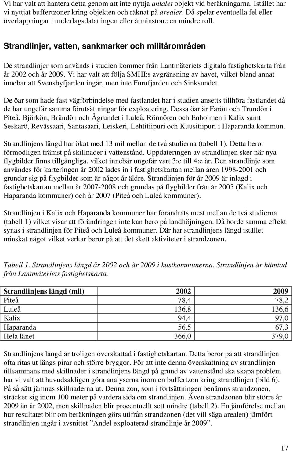 Strandlinjer, vatten, sankmarker och militärområden De strandlinjer som används i studien kommer från Lantmäteriets digitala fastighetskarta från år 2002 och år 2009.