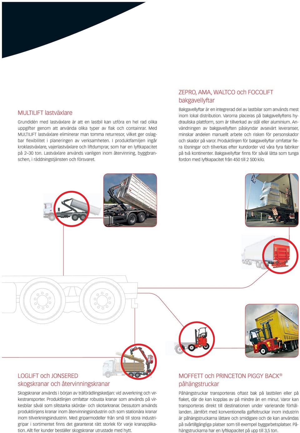 I produktfamiljen ingår kroklastväxlare, vajerlastväxlare och liftdumprar, som har en lyftkapacitet på 2 30 ton.