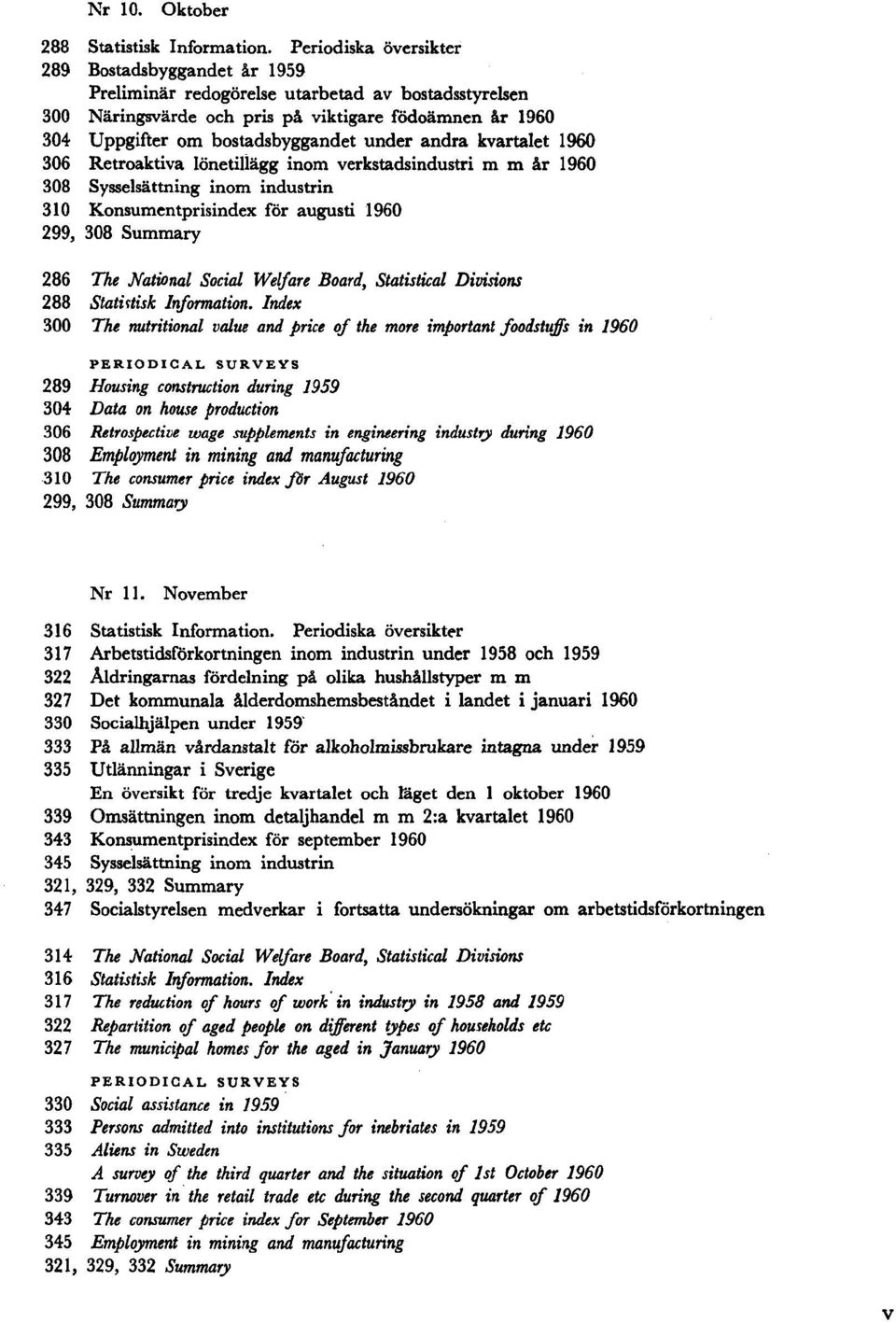 under andra kvartalet 1960 306 Retroaktiva lönetillägg inom verkstadsindustri m m år 1960 308 Sysselsättning inom industrin 310 Konsumentprisindex för augusti 1960 299, 308 Summary 286 The National