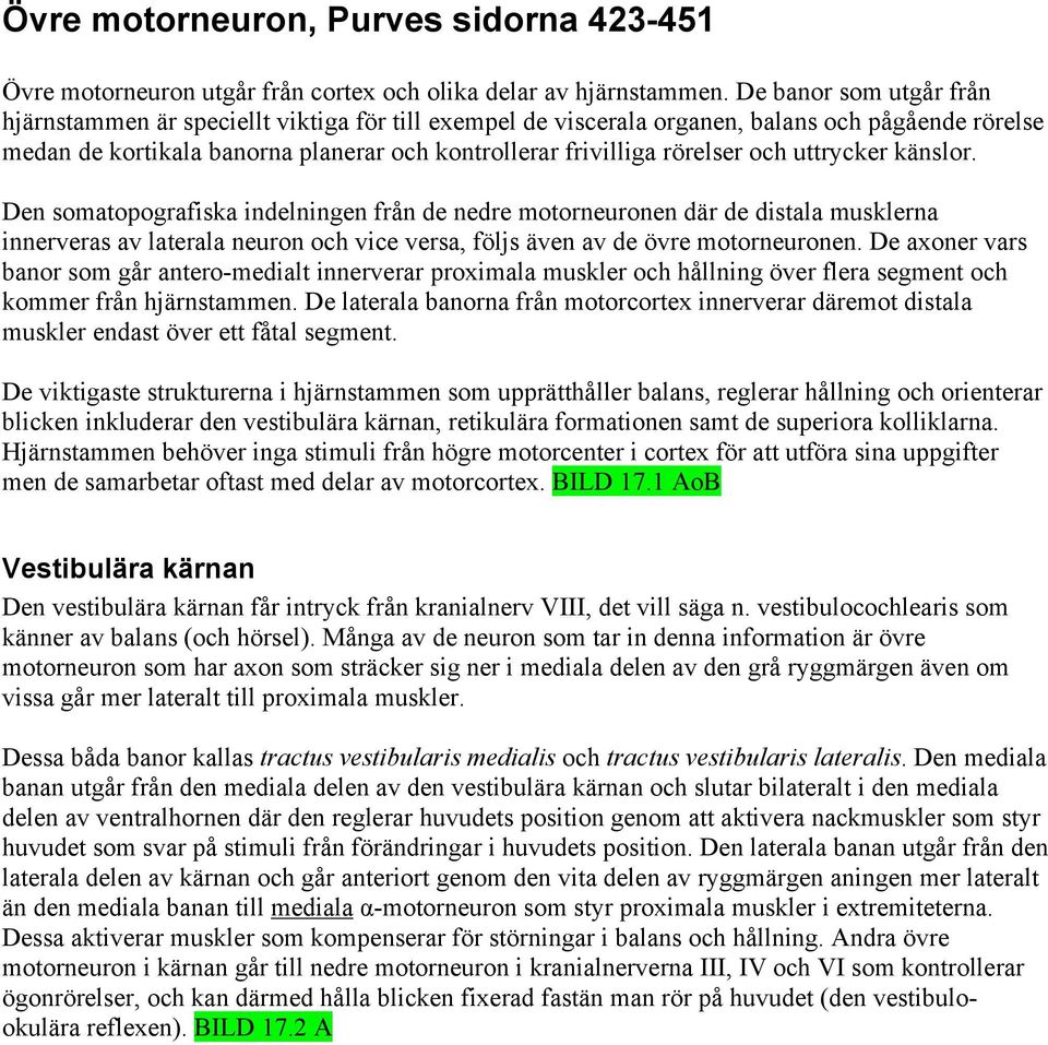 och uttrycker känslor. Den somatopografiska indelningen från de nedre motorneuronen där de distala musklerna innerveras av laterala neuron och vice versa, följs även av de övre motorneuronen.