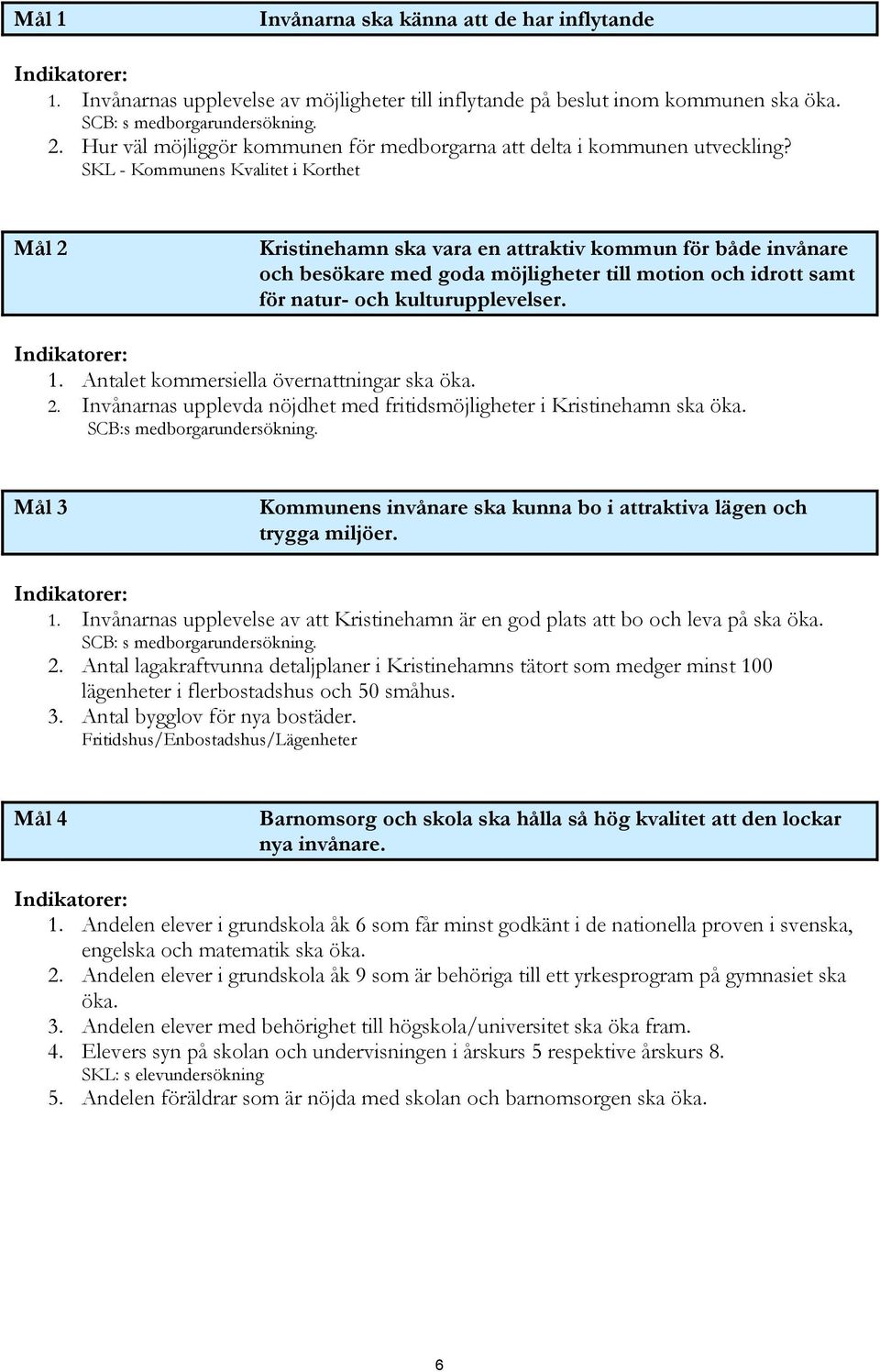 SKL - Kommunens Kvalitet i Korthet Mål 2 Kristinehamn ska vara en attraktiv kommun för både invånare och besökare med goda möjligheter till motion och idrott samt för natur- och kulturupplevelser.