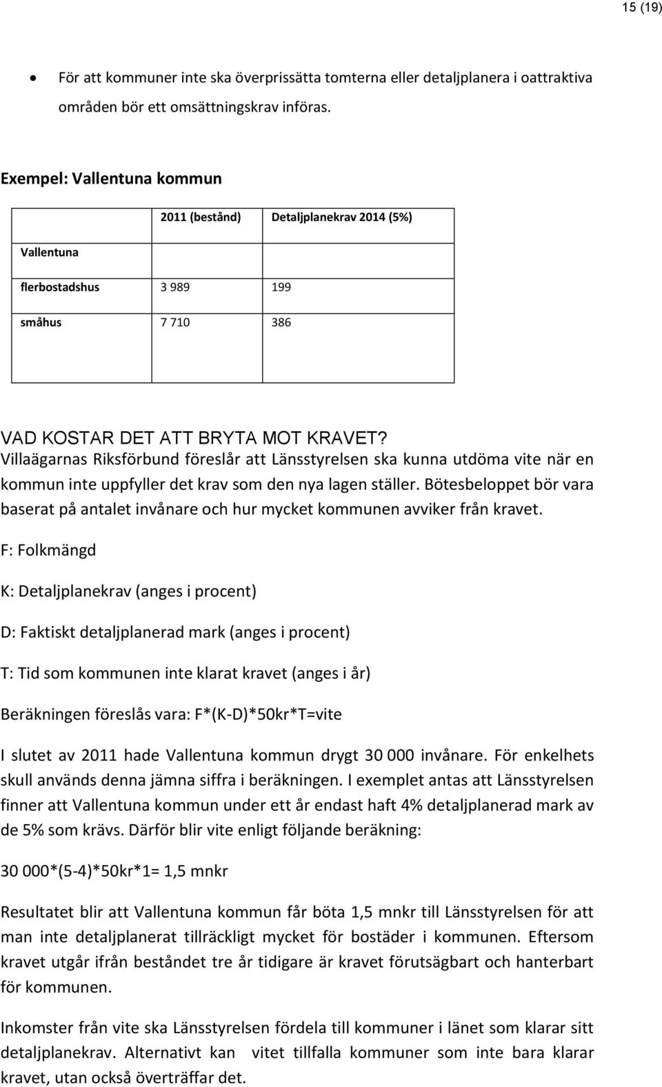 Villaägarnas Riksförbund föreslår att Länsstyrelsen ska kunna utdöma vite när en kommun inte uppfyller det krav som den nya lagen ställer.