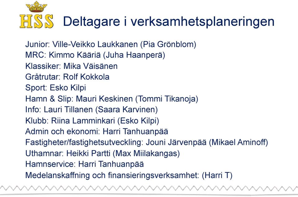 Karvinen) Klubb: Riina Lamminkari (Esko Kilpi) Admin och ekonomi: Harri Tanhuanpää Fastigheter/fastighetsutveckling: Jouni Järvenpää