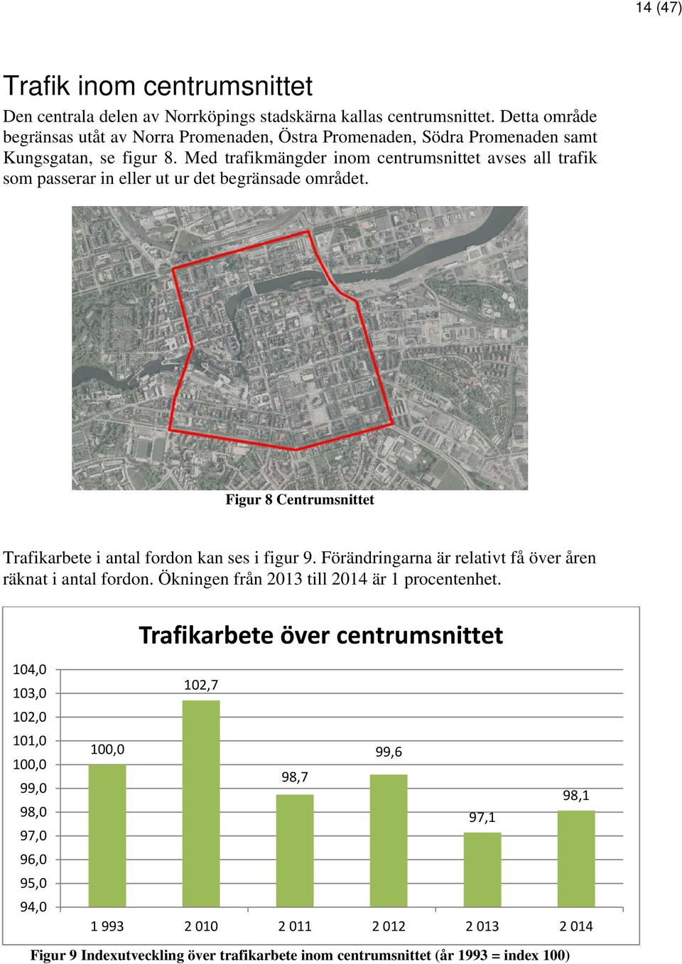 Med trafikmängder inom centrumsnittet avses all trafik som passerar in eller ut ur det begränsade området. Figur 8 Centrumsnittet Trafikarbete i antal fordon kan ses i figur 9.