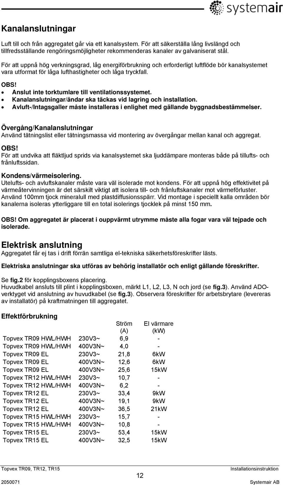 Anslut inte torktumlare till ventilationssystemet. Kanalanslutningar/ändar ska täckas vid lagring och installation. Avluft-/Intagsgaller måste installeras i enlighet med gällande byggnadsbestämmelser.