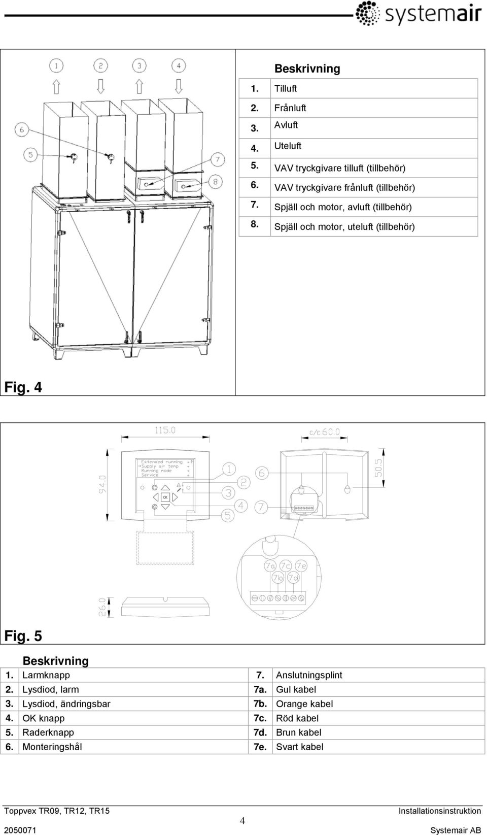 Spjäll och motor, uteluft (tillbehör) Fig. 4 Fig. 5 Beskrivning 1. Larmknapp 7. Anslutningsplint 2.