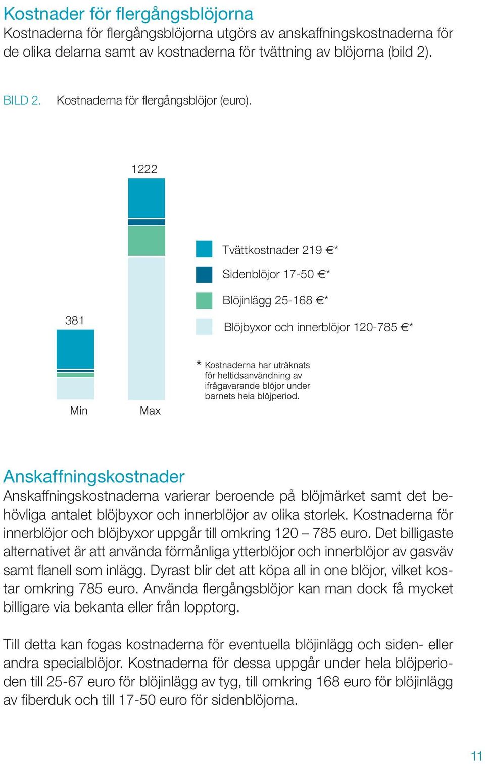 1222 Tvättkostnader 219 * Sidenblöjor 17-50 * 381 Blöjinlägg 25-168 * Blöjbyxor och innerblöjor 120-785 * Anskaffningskostnader Anskaffningskostnaderna varierar beroende på blöjmärket samt det