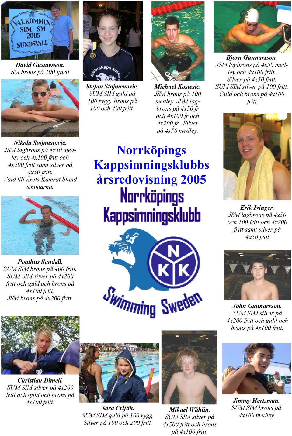 Norrköpings Kappsimningsklubbs årsredovisning 2005 Björn Gunnarsson. JSM lagbrons på 4x50 medley och 4x100 fritt. Silver på 4x50 fritt. SUM SIM silver på 100 fritt.