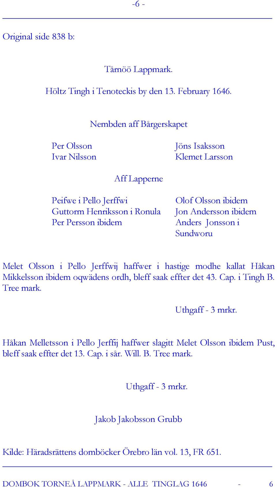 Andersson ibidem Anders Jonsson i Sundworu Melet Olsson i Pello Jerffwij haffwer i hastige modhe kallat Håkan Mikkelsson ibidem oqwädens ordh, bleff saak effter det 43. Cap. i Tingh B.