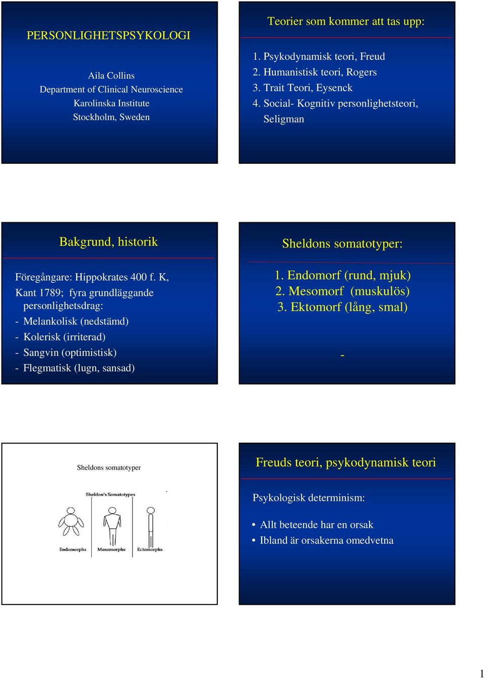 K, Kant 1789; fyra grundläggande personlighetsdrag: - Melankolisk (nedstämd) - Kolerisk (irriterad) - Sangvin (optimistisk) - Flegmatisk (lugn, sansad) Sheldons somatotyper: 1.
