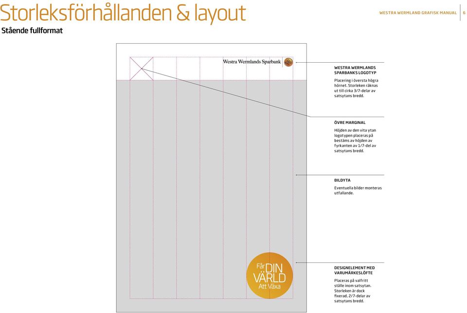 Storleken räknas ut till cirka 3/7-delar av ÖVRE MARGINAL Höjden av den vita ytan logotypen placeras på bestäms av