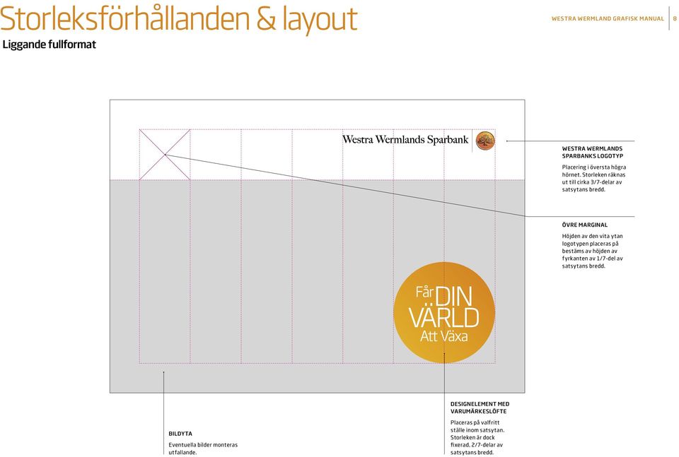 Storleken räknas ut till cirka 3/7-delar av ÖVRE MARGINAL Höjden av den vita ytan logotypen placeras på bestäms av