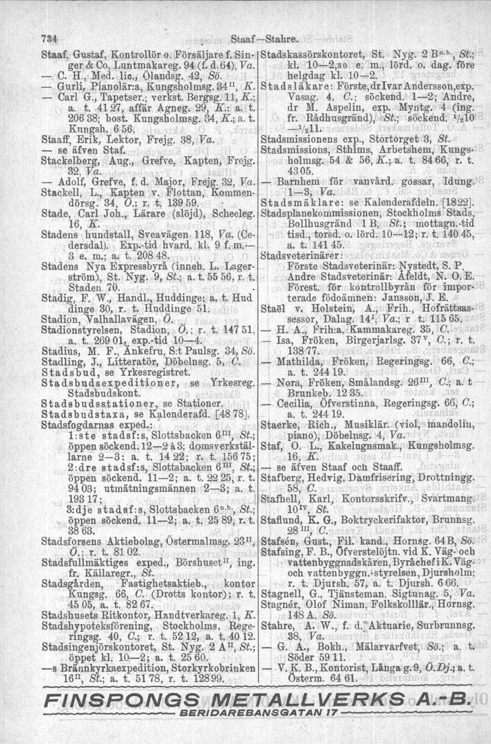 ; verkst. Bergag. 11, K:; Vasag. 4, C.; söckend. "1-'2; Andre, a. t..4127, affär Agneg. 29, K c : a.jt, dr M. Aspelin, exp, IMyhtg. 4 (ing. 20638; bost, Kurrgsholmsg. 34, K.; a. t. fr; Rådhusgrand){\St.