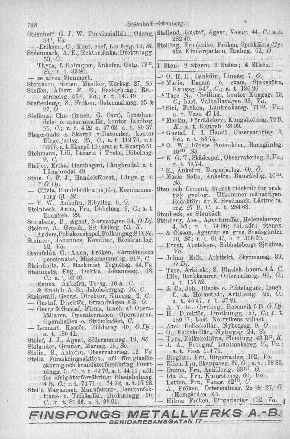73 11, 1 Sten ; 2 Steen; 3 Steen: <I Sthen,' Sö.; r. t. 3380. -------~------- _ se äfven Stenmark. _10. K H., Bankdir., Linneg. 7, 0.>."I,-" Stefanson, Sixten. Musiker, Kocksg. 27, Sö....,.2 Maria, Barnm, o.