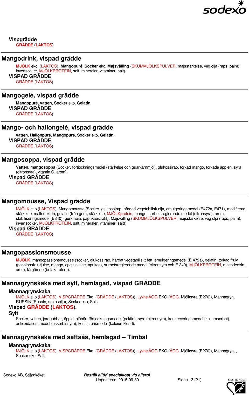 Mangosoppa, vispad grädde Vatten, mangosoppa (Socker, förtjockningsmedel (stärkelse och guarkärnmjöl), glukossirap, torkad mango, torkade äpplen, syra (citronsyra), vitamin C, arom).