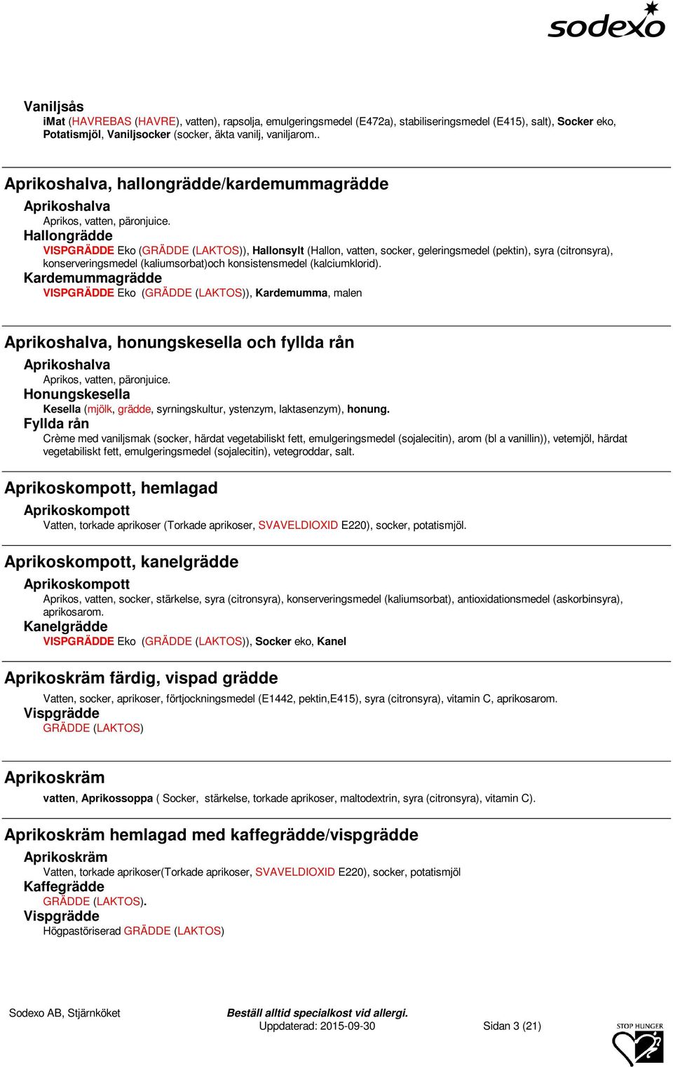 Hallongrädde VISPGRÄDDE Eko (), Hallonsylt (Hallon, vatten, socker, geleringsmedel (pektin), syra (citronsyra), konserveringsmedel (kaliumsorbat)och konsistensmedel (kalciumklorid).