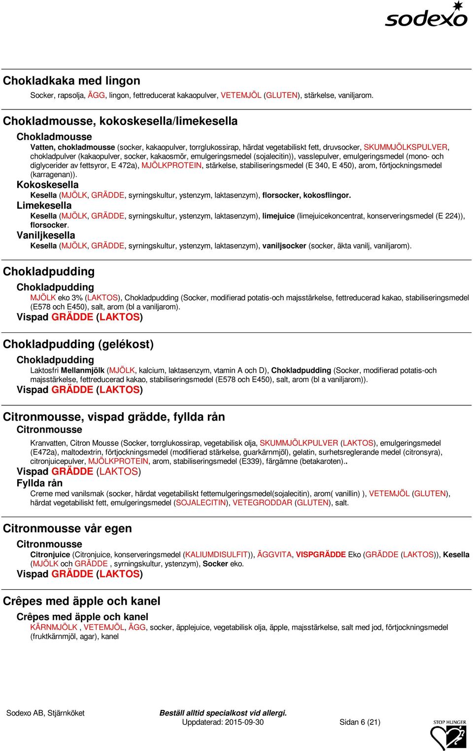 socker, kakaosmör, emulgeringsmedel (sojalecitin)), vasslepulver, emulgeringsmedel (mono- och diglycerider av fettsyror, E 472a), MJÖLKPROTEIN, stärkelse, stabiliseringsmedel (E 340, E 450), arom,