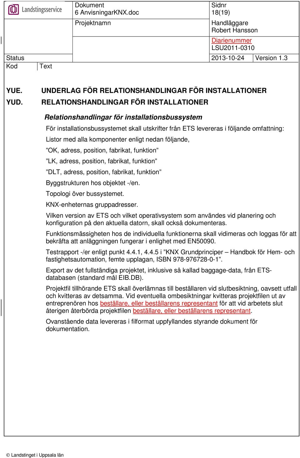 levereras i följande omfattning: Listor med alla komponenter enligt nedan följande, OK, adress, position, fabrikat, funktion LK, adress, position, fabrikat, funktion DLT, adress, position, fabrikat,