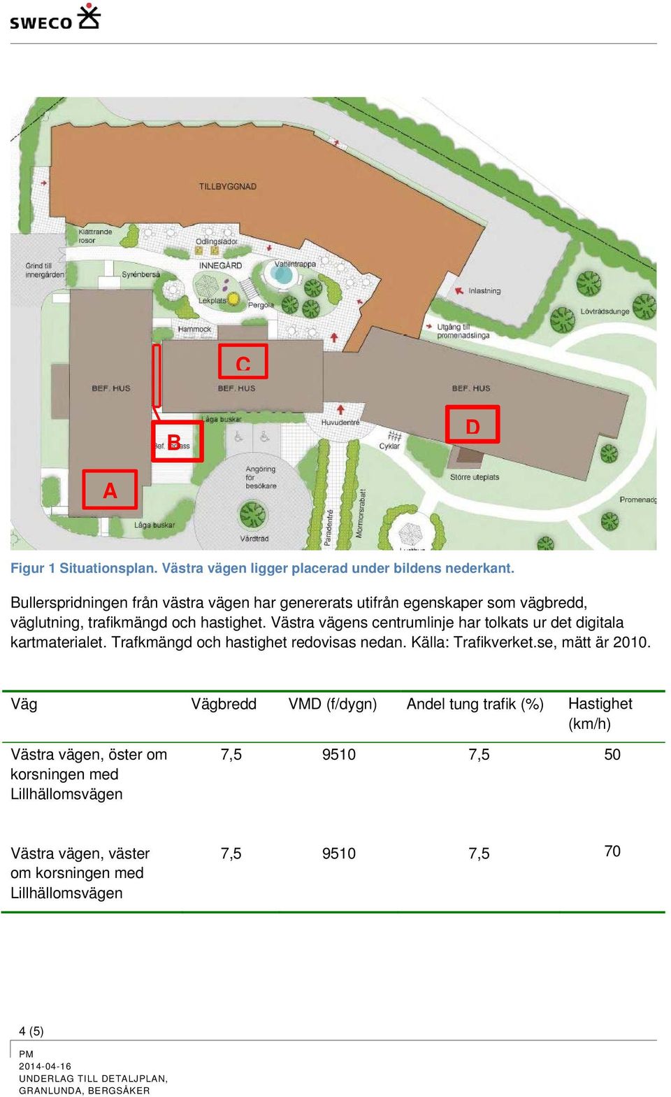 Västra vägens centrumlinje har tolkats ur det digitala kartmaterialet. Trafkmängd och hastighet redovisas nedan. Källa: Trafikverket.