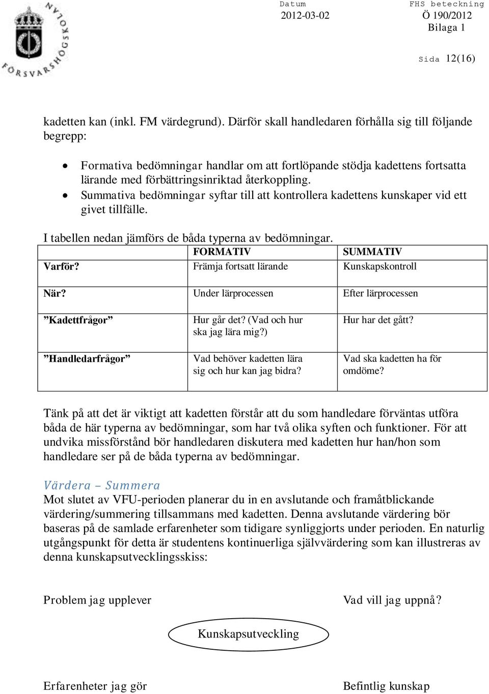 Summativa bedömningar syftar till att kontrollera kadettens kunskaper vid ett givet tillfälle. I tabellen nedan jämförs de båda typerna av bedömningar. FORMATIV SUMMATIV Varför?