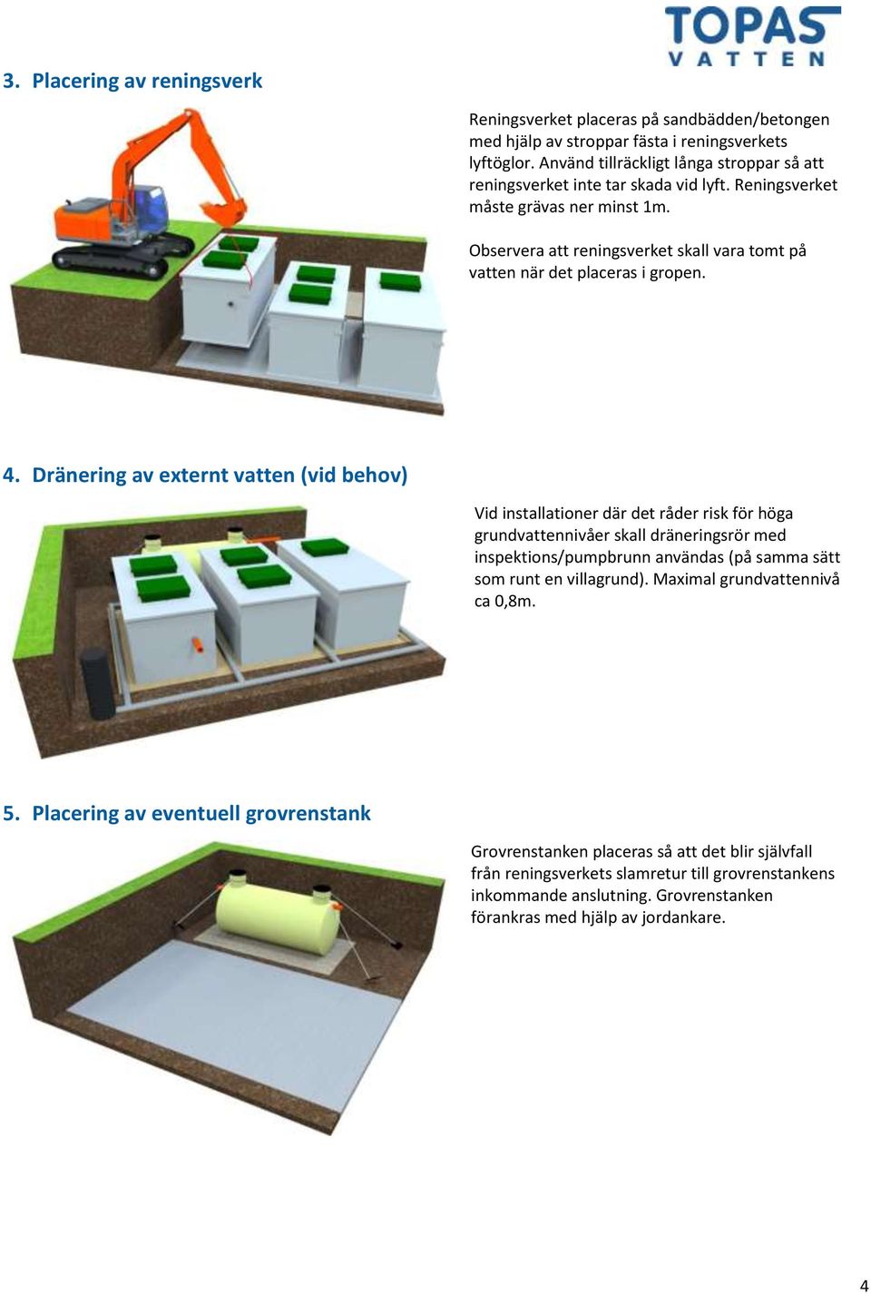 Observera att reningsverket skall vara tomt på vatten när det placeras i gropen. 4.