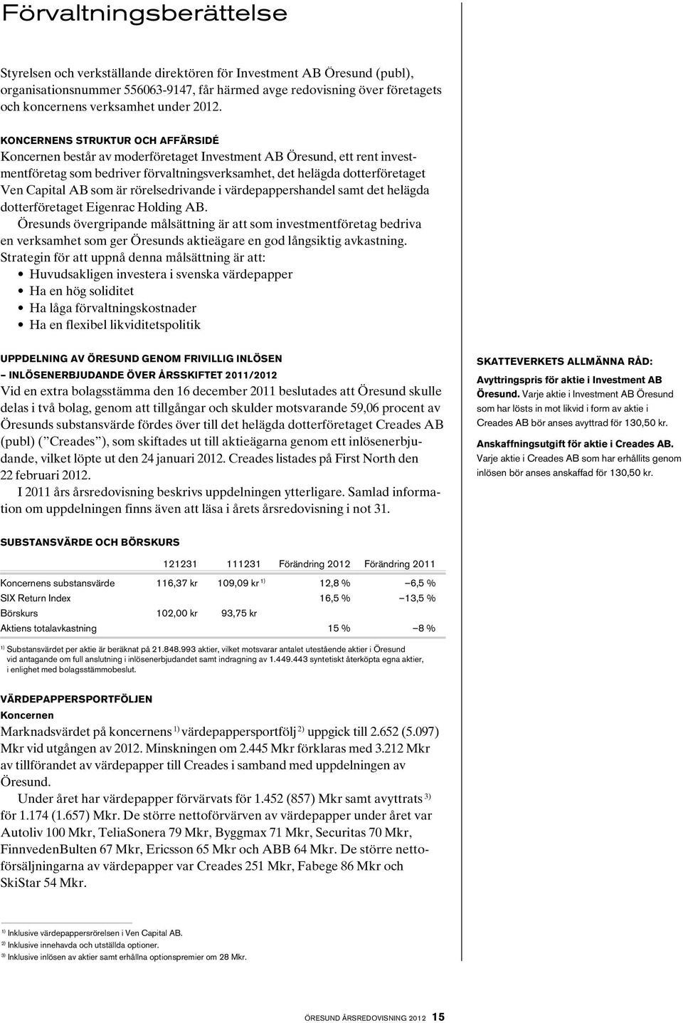 KONCERNENS STRUKTUR OCH AFFÄRSIDÉ Koncernen består av moderföretaget Investment AB Öresund, ett rent investmentföretag som bedriver förvaltningsverksamhet, det helägda dotterföretaget Ven Capital AB