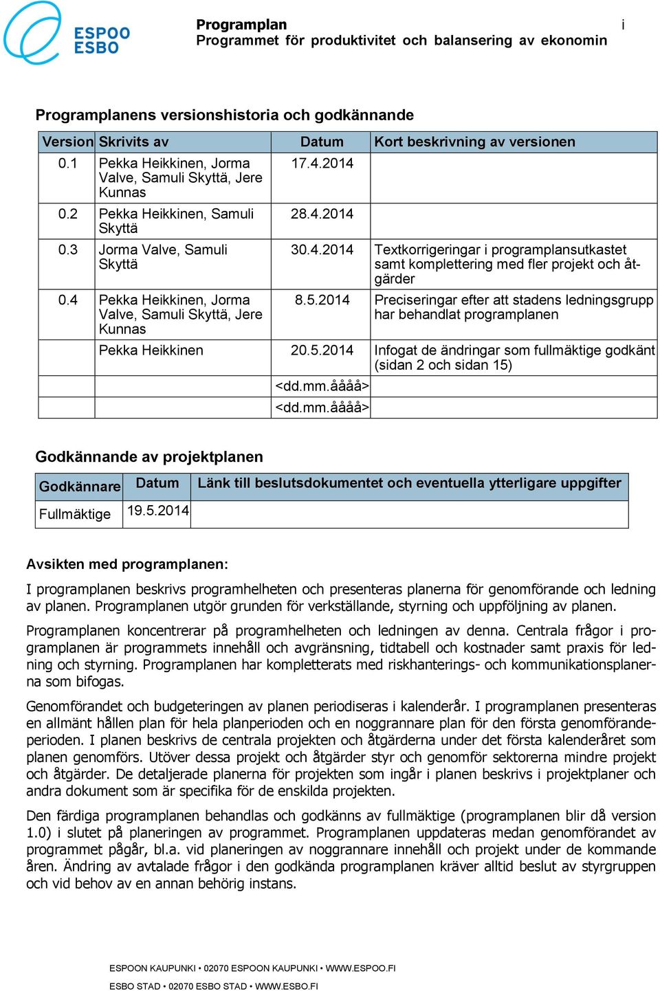 4.2014 30.4.2014 Textkorrigeringar i programplansutkastet samt komplettering med fler projekt och åtgärder 8.5.